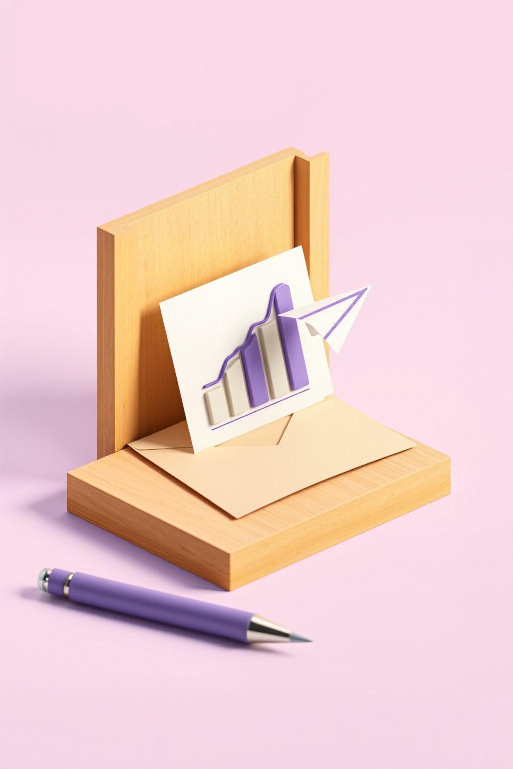 A small bar chart on a card next to an envelope