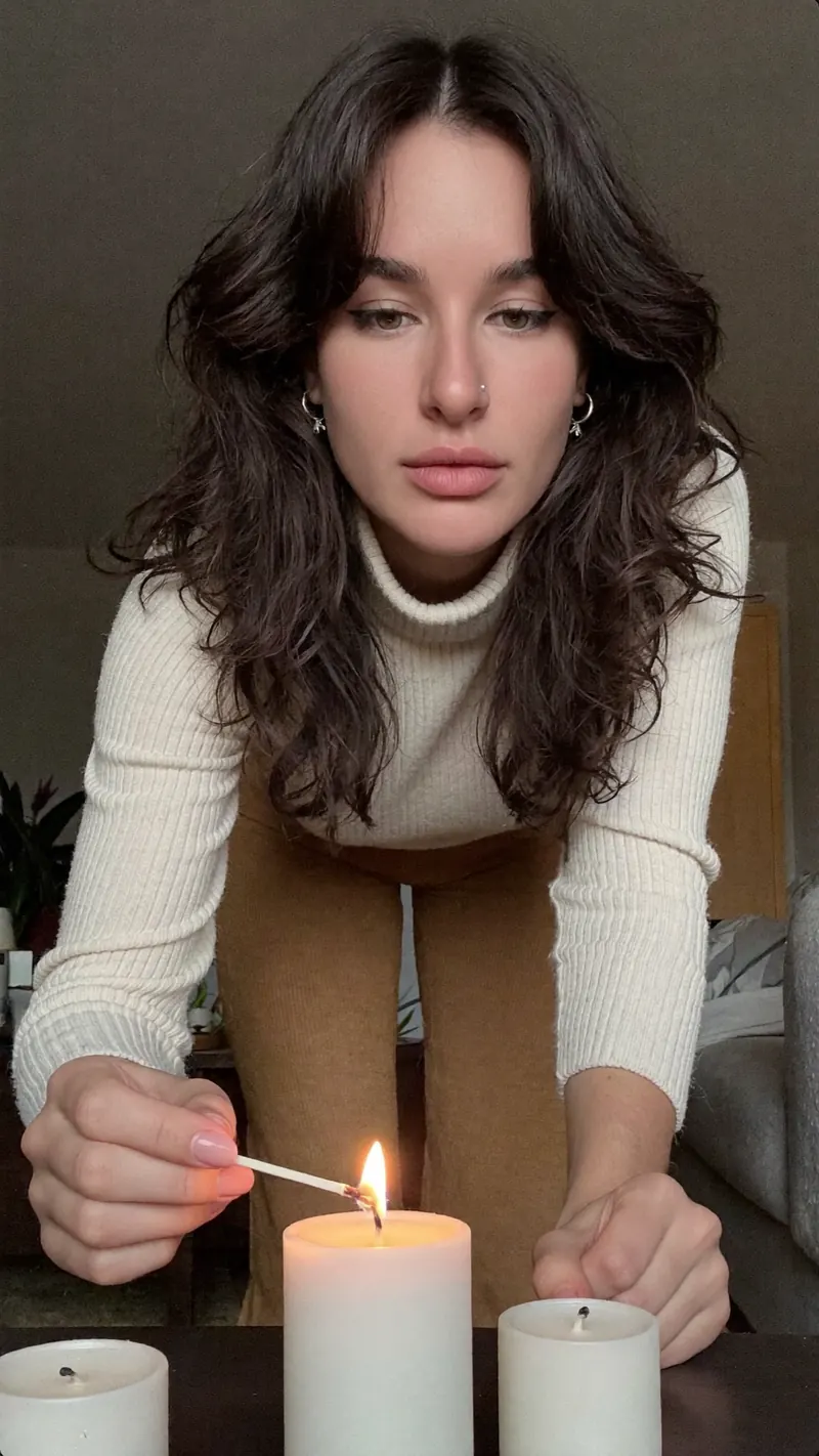 Olivia in a cream turtleneck lighting candles at home in the evening