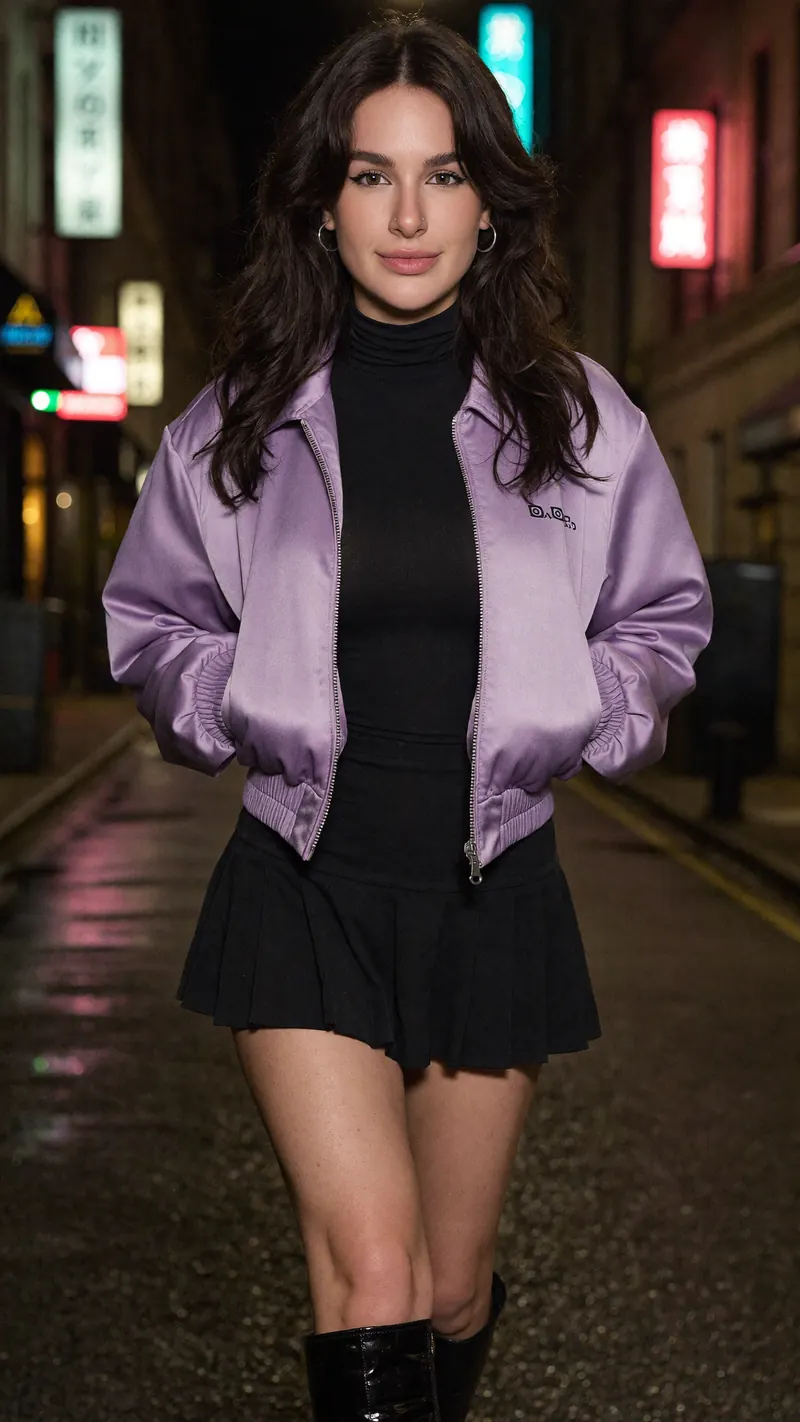 Olivia in a lilac satin bomber walking down a wet neon-lit alley at night