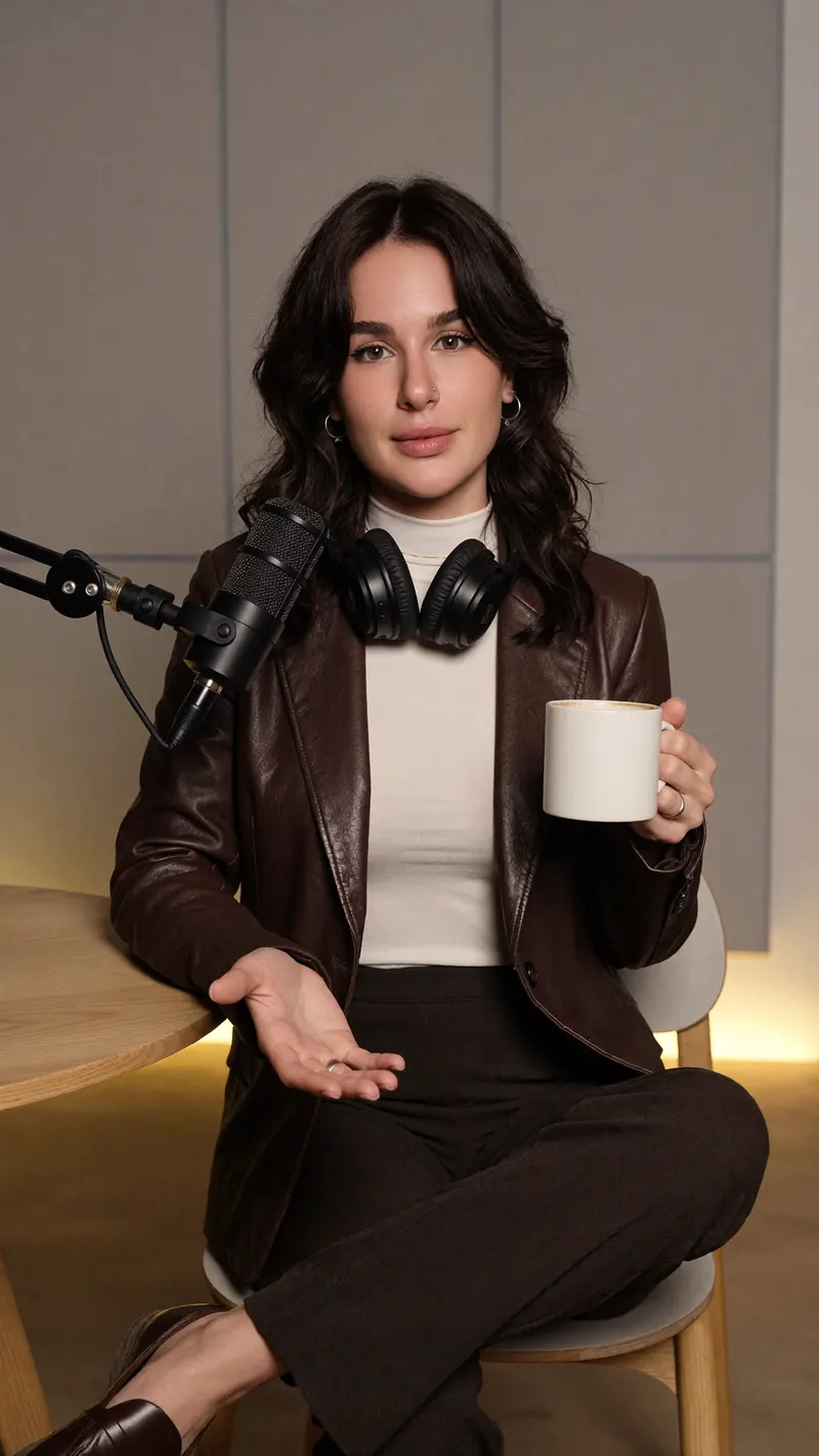 Olivia Loop, an AI generated character with dark wavy hair and hoop earrings, in a brown leather blazer at the podcast microphone, holding a mug