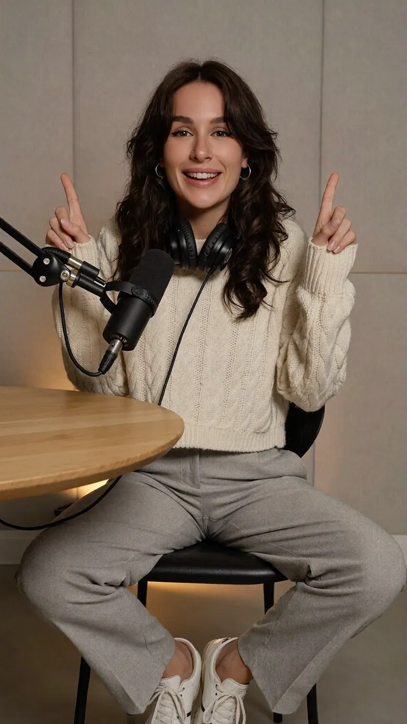 Olivia at the podcast table in a cream knit, headphones round her neck, pointing up as she makes a point
