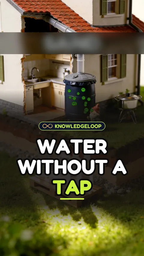Cutaway of a house with a rain barrel, cover of the Short Water without a tap