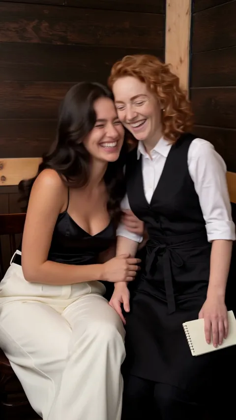 Olivia Loop and her friend laughing on set, from the blooper The take they cut